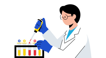 Female scientist in a lab coat using a micropipette for an experiment.