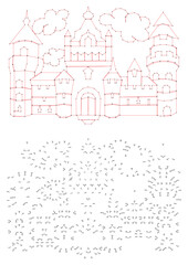 Palace with towers. Connect the dots educational drawing game. Dot to dot by numbers puzzle. Google Font Fira Sans Condensed.