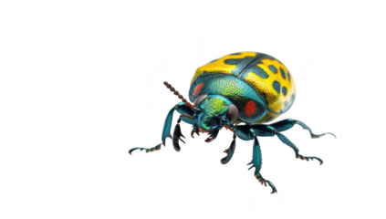 A vibrant. close-up view of a colorful beetle with intricate patterns and textures. its unique features and vivid colors against a clean white background. ideal for educational or artistic use