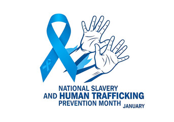 National slavery and human trafficking prevention month blue ribbon and hands isolated on transparent background