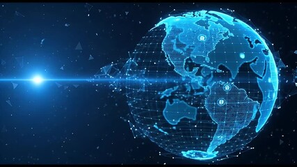 A futuristic digital Earth globe with glowing interconnected lines and data points representing global network and communication. - Powered by Adobe