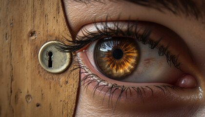 Eye looking through keyhole with wooden door for Halloween theme  
