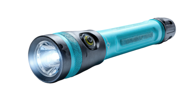 Turquoise flashlight projecting bright light beam handheld torch shining illumination portable lamp glowing device isolated on white background