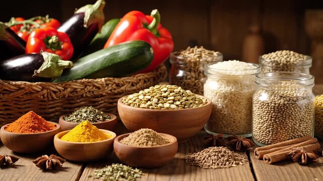 Colorful Spices Vegetables and Grains on Display - A variety of colorful spices, vegetables, and grains are displayed in wooden bowls and glass jars on a wooden table.