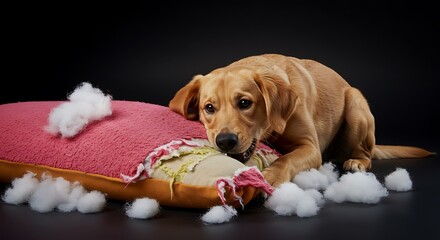 犬が枕を噛みちぎり綿が散乱する様子を捉えた鮮明な写真
