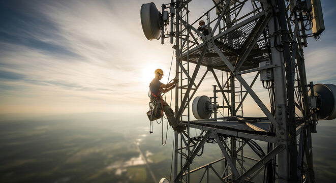Workers ascend the communications tower ensuring connectivity against a sky painted with sunlight and whisps of clouds showcasing infrastructure