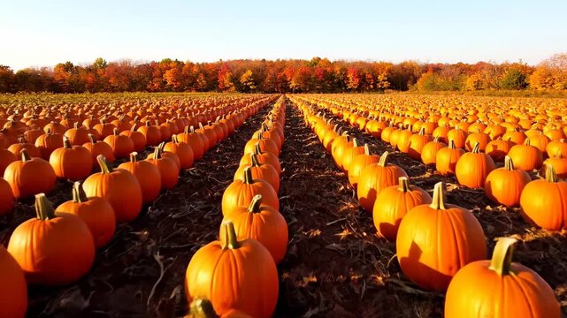 Orderly Pumpkin Field in Autumn - A vast pumpkin field is arranged in neat, orderly rows under a clear blue sky. The colorful autumn trees add charm to the background.