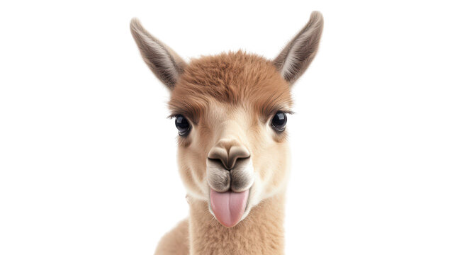 A close-up portrait of a playful young llama sticking out its tongue against a clean white background. its expressive features and charm. ideal for animal-themed content
