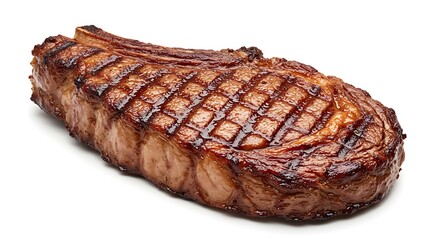 美味しそうなステーキ肉がグリルされ白い背景に斜めから鮮やかに照らされている写真