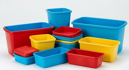 カラフルなプラスチック容器が明るい照明の下で魅力的にグループ化されている写真
