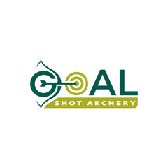 Creative logo with stylized bow and arrow forming the letter G and target integrated into the word Goal Shot Archery. Editable Vector File