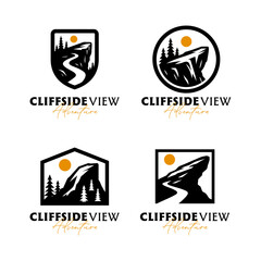 Set of four adventure logos showing cliffs, trees and sun in different badge shapes symbolizing cliffside view and outdoor exploration. Editable Vector File 
