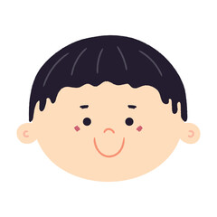 Cute young boy face with short hair, isolated on transparent background. Hand drawn vector illustration. Flat design. Kawaii cartoon character, clip art. Little kid, child