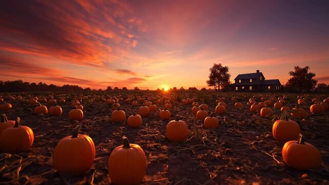 Pumpkin Patch at Sunset - A serene autumnal landscape scene shows a vast pumpkin patch at sunset, with a fiery sky. A distant farmhouse silhouette provides a picturesque backdrop.