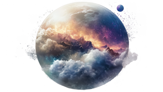 A breathtaking cosmic landscape featuring a planet surrounded by colorful clouds and distant mountains. with a smaller moon in the background. perfect for fantasy and space-themed projects