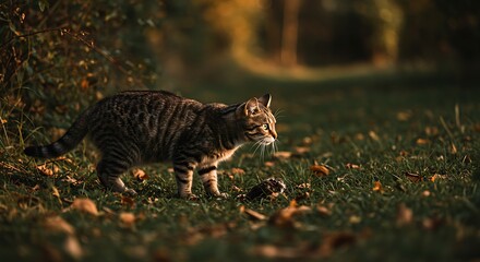 Obraz premium 猫 写真 自然光が草むらを歩き回る猫の姿を捉え生き生きとした瞬間を表現する