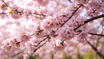 Close-up of cherry blossom branches with clusters of delicate pink flowers. Soft sunlight filters through, creating a serene and peaceful atmosphere.