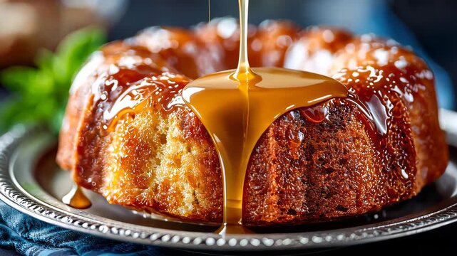A moist bundt cake drizzled with rich caramel glaze, served on a silver plate for a decadent dessert