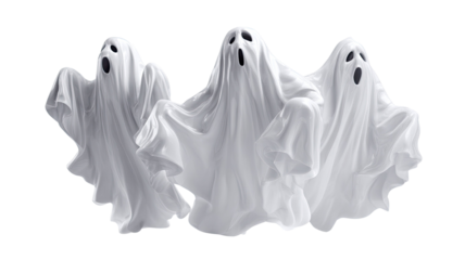 Three ghosts Halloween spooky characters flying spirits haunting figures scary costume illustration festive element isolated on white background