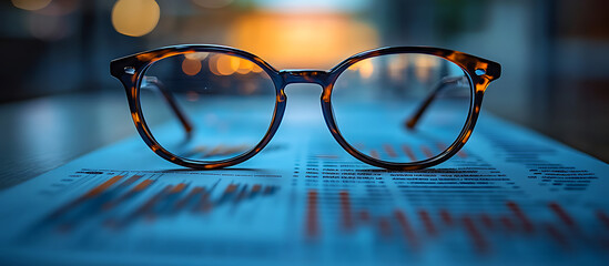 Tortoiseshell glasses resting on financial report with bar graphs in a blurred background