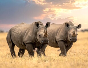 Fototapeta premium Two rhinos in golden savanna