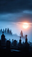 Obraz premium Serene sunset over a misty cemetery, with silhouetted gravestones and tall trees in the background