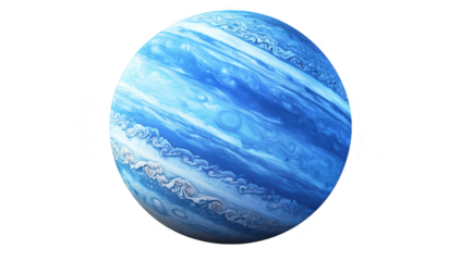 A stunning digital representation of a gas giant planet swirling blue and white cloud patterns. set against a dark cosmic background. ideal for educational or artistic use