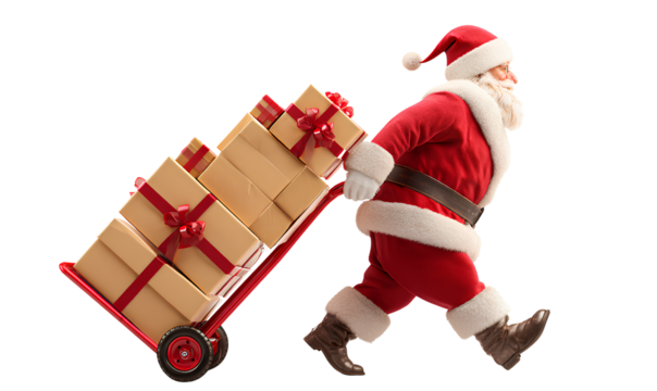 santa claus pushing a hand truck with boxes, transparent background