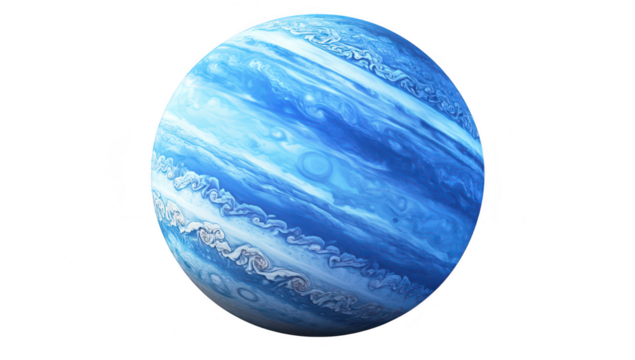 A stunning digital representation of a gas giant planet swirling blue and white cloud patterns. set against a dark cosmic background. ideal for educational or artistic use