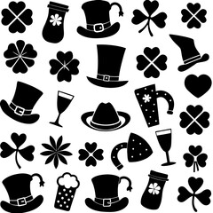 St Patricks day silhouette vector,  Collection of silhouette elements for st patrick's day,  St Patricks Day Linocut Clipart, SVG Irish Charm, St Pattys Day Celebrations Illustration, Lucky Silhouette