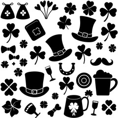St Patricks day silhouette vector,  Collection of silhouette elements for st patrick's day,  St Patricks Day Linocut Clipart, SVG Irish Charm, St Pattys Day Celebrations Illustration, Lucky Silhouette