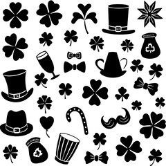 St Patricks day silhouette vector,  Collection of silhouette elements for st patrick's day,  St Patricks Day Linocut Clipart, SVG Irish Charm, St Pattys Day Celebrations Illustration, Lucky Silhouette