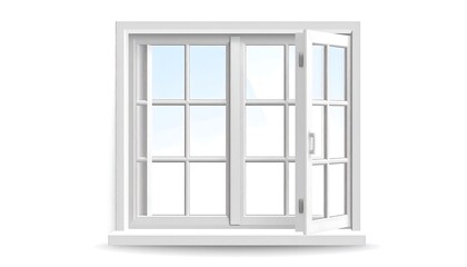 Obraz premium A digitally created illustration shows a white, double-hung window, one pane opened slightly, with a blue sky visible
