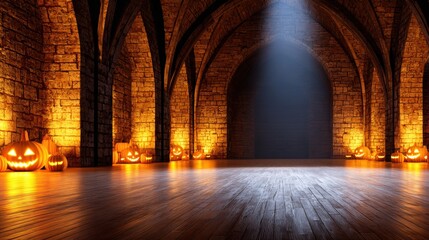 Fototapeta premium Spooky Halloween scene featuring glowing jack-o'-lanterns in a dimly lit, stone-arched hall
