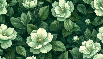 A digitally created floral illustration featuring white blooms with yellow centers, surrounded by lush green leaves on a dark background