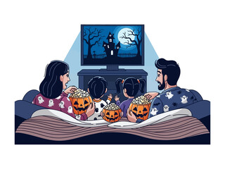 Cozy Halloween Movie Night: A family enjoys a thrilling Halloween movie night. Cozy on the sofa, they share popcorn, creating an atmosphere of fun and togetherness