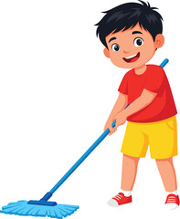 Cartoon child mopping illustration, household chore character icon, educational clipart, hygiene graphics, vector kid, responsibility design bundleCartoon child mopping illustration, household chore c