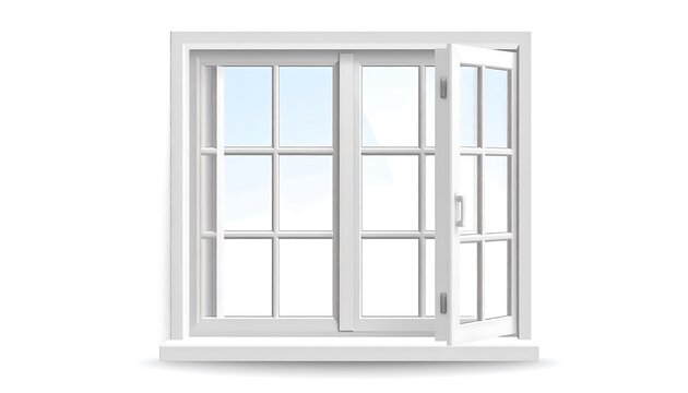 A digitally created illustration shows a white, double-hung window, one pane opened slightly, with a blue sky visible