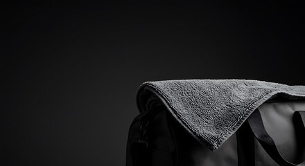 黒い背景に置かれたスポーツバッグとタオルが穏やかな光の中で静かに佇む