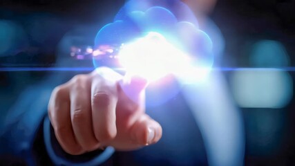 Businessman touching a glowing digital cloud icon symbolizing data storage and cloud computing - Powered by Adobe