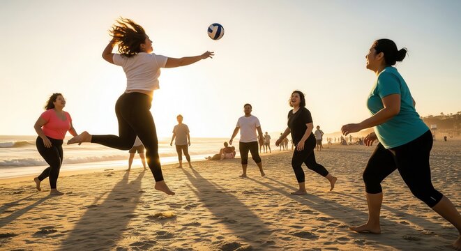 Group of diverse body positive people playing volleyball on beach at sunset, active lifestyle, joy, inclusivity, confidence, friendship, summer fun, healthy movement and community spirit - Powered by Adobe