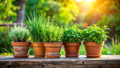 A row of potted herbs basks in the sunlight. Focus on fresh greens, clay pots, and a natural wooden surface. Background blurs, creating depth