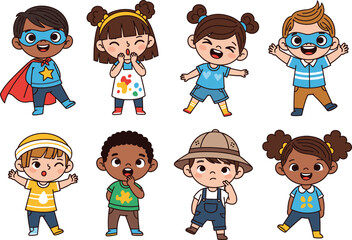 Cartoon children illustration set, diverse character icons, playful kids clipart, costume graphics, educational vector bundle, childhood design pack