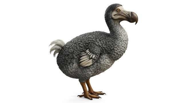 Dodo bird full-body reconstruction, professional studio photo style, isolated on white background.