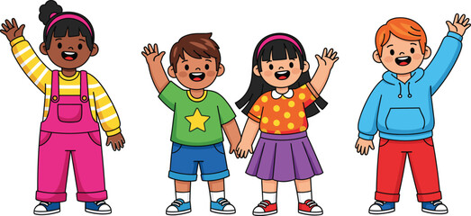 Cartoon children waving illustration set, diverse character icons, friendly kids clipart, educational graphics, inclusive vector bundle, childhood design