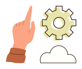 Hand raised and pointing at a yellow gear and white cloud symbol. Ideal for technology, cloud computing, innovation, automation, analytics, collaboration, and conceptual problem-solving. Simple flat