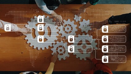 A modern workspace scene showcasing collaboration with gears and locks symbolizing innovation and security, highlighting teamwork dynamics in professional settings. Raster