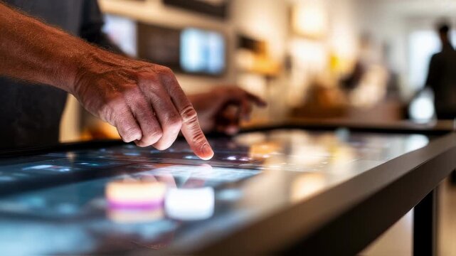 Close medium view of a customers fingers exploring tactile product samples on a modern display table with a softly focused showroom behind.