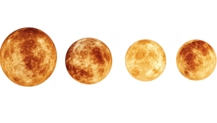 A series of four celestial bodies depicting the phases of the moon. varying sizes and textures against a clean white background. ideal for educational and artistic purposes