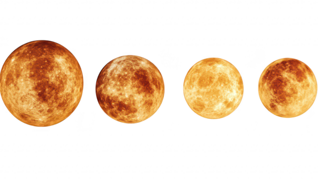 A series of four celestial bodies depicting the phases of the moon. varying sizes and textures against a clean white background. ideal for educational and artistic purposes